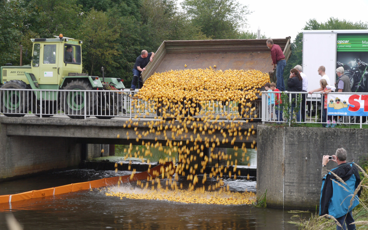 Alle meine Entchen schwimmen auf der Ise - Die Gifhorner Feuerwehr unterstützt Zeit:Stiften und KURT beim Entenrennen