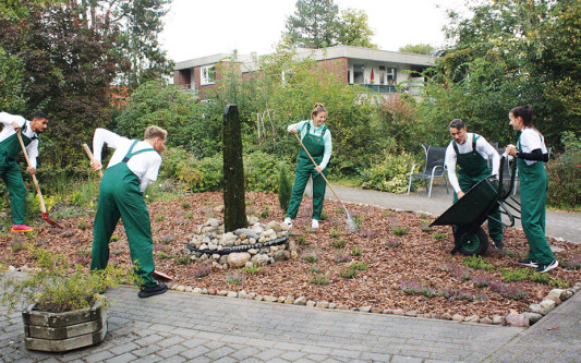 Kräftig zugepackt: Fußballerinnen, Fußballer und Trainer des VfL Wolfsburg im Garteneinsatz am Gifhorner Christinenstift