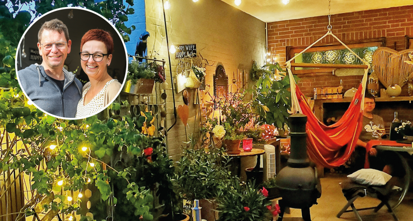 Liebevoll hergerichtete Terrasse mit Lichterketten und Hängematte - Bei Stefan und Manuela Herms gehen sogar die Nachbarn ein und aus